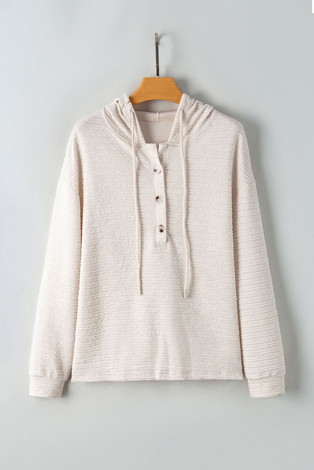 Apricot Solid Textured Drawstring Henley Hoodie - Love Salve